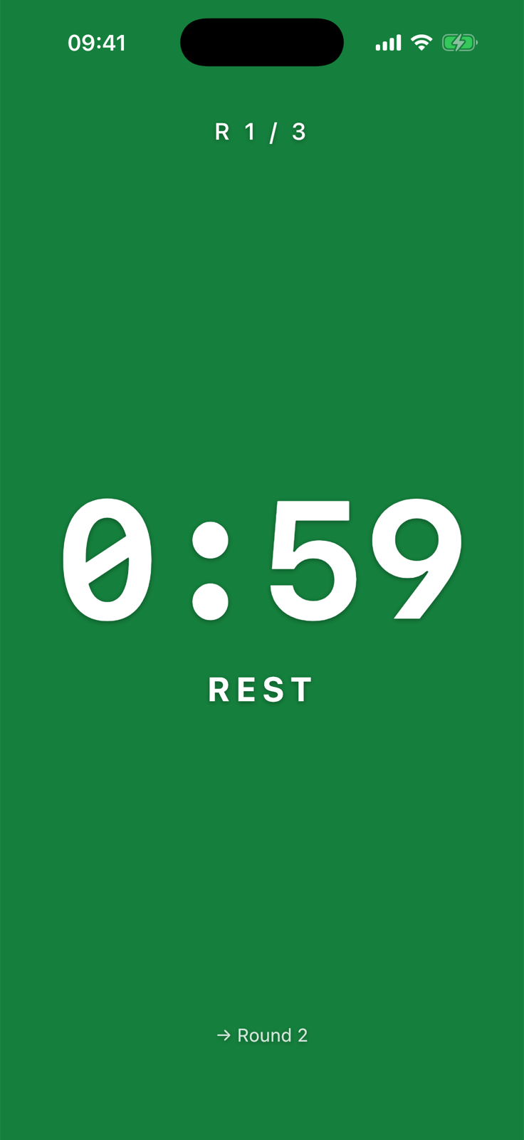 Timer screen during a REST round (green)