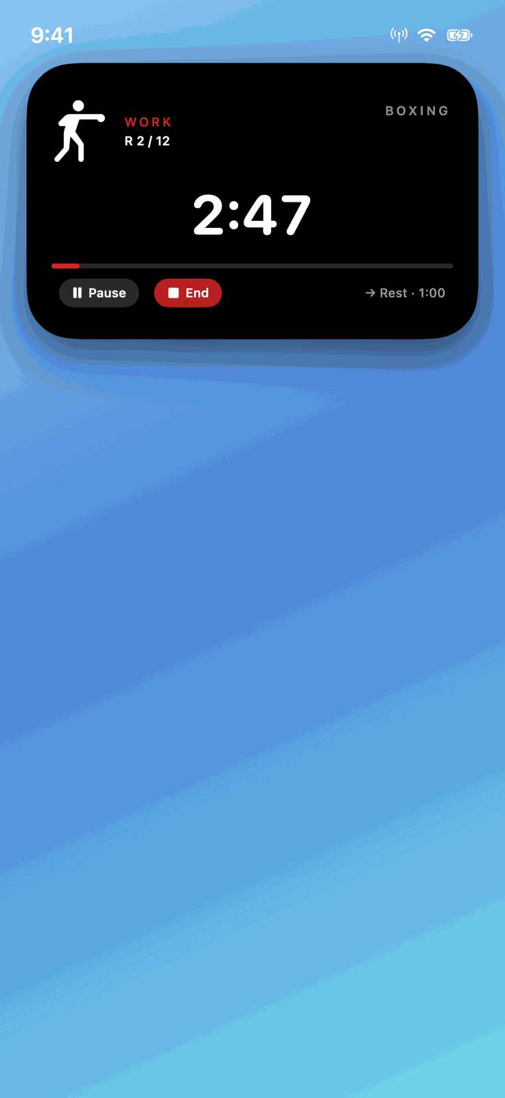 Dynamic Island expanded view (long-press) — boxer, round, large timer, progress bar, Pause and End buttons